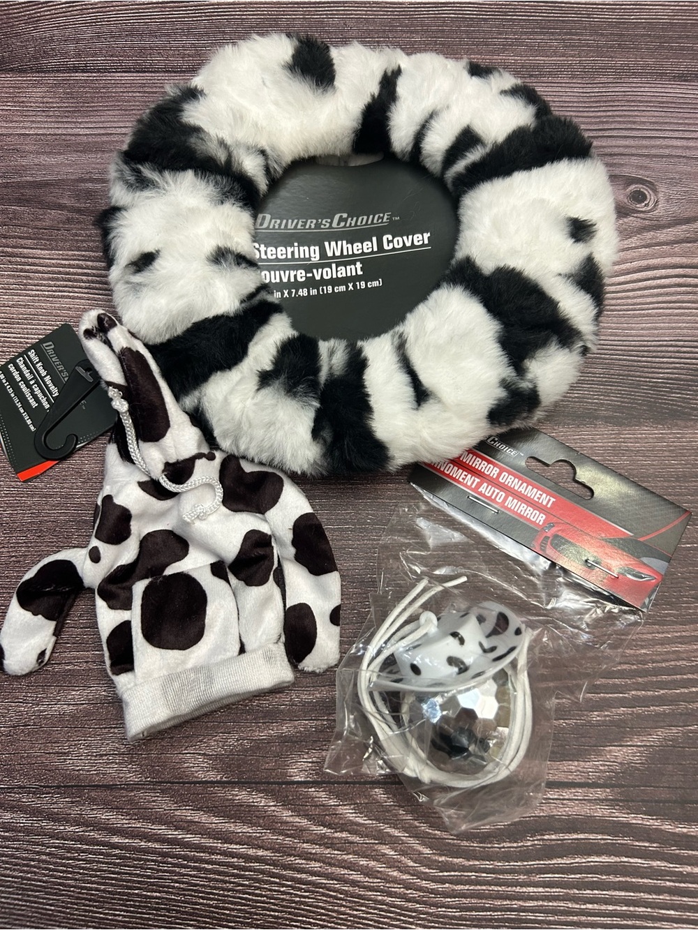 Black and White Faux Fur Steering Wheel Cover & Accessories Set